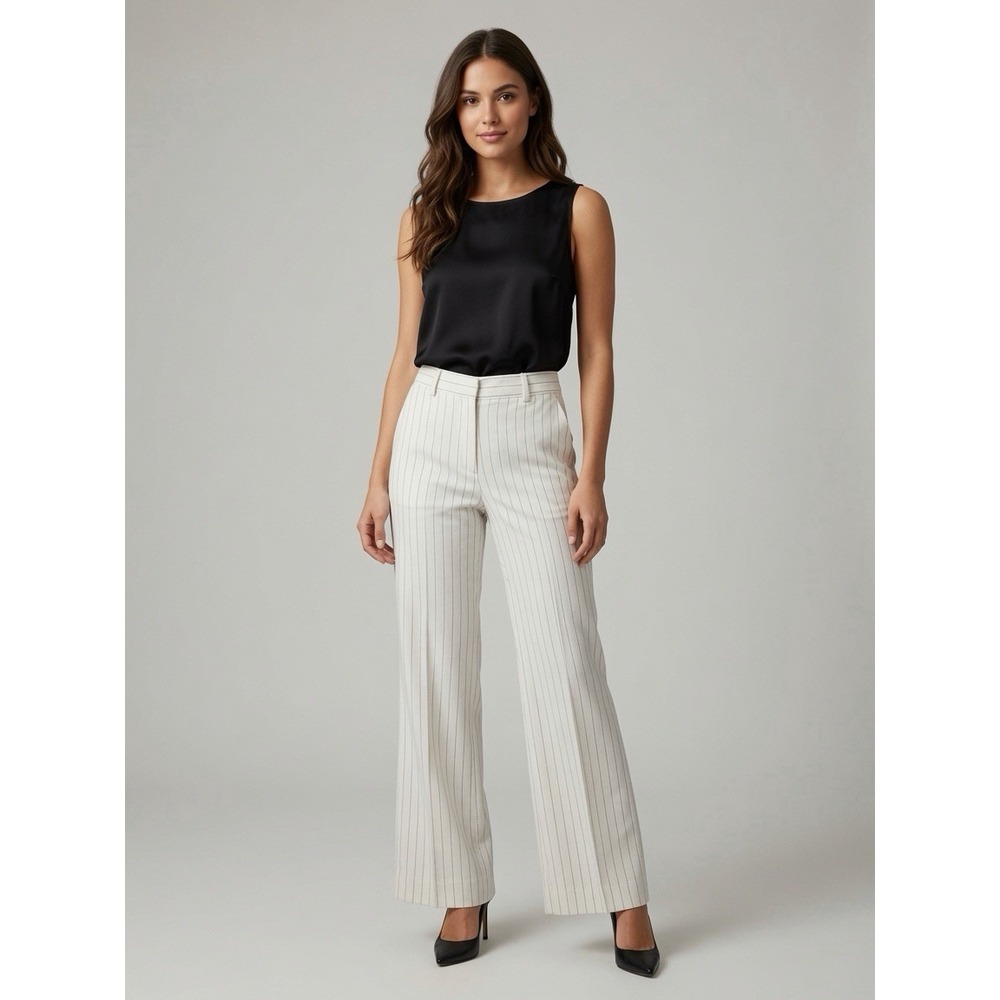 Lauren Ralph Lauren Wide Straight Leg‎ Petite Pants Cream Striped Linen Women 8P